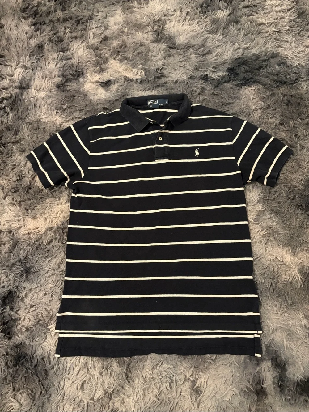 Polo by Ralph Lauren Shirt Men L Black White Striped Short Sleeve Pony Cotton